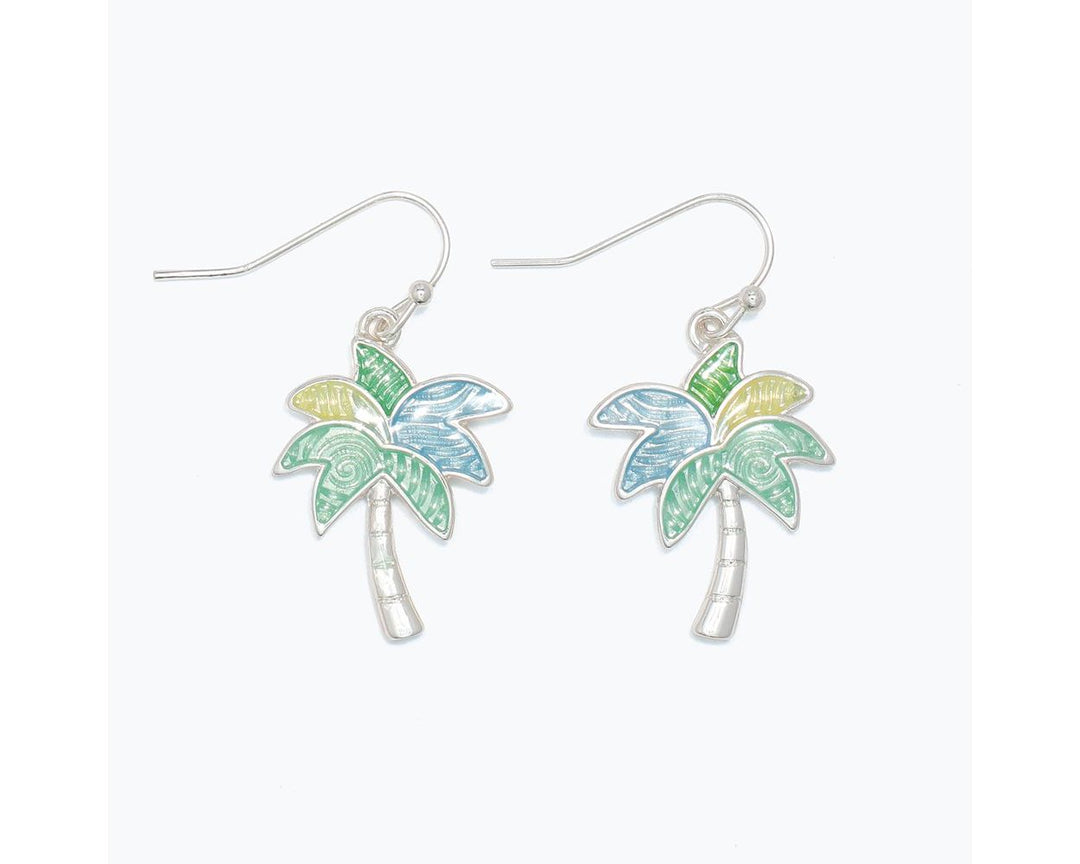 Green Palm Trees in Silver Earrings