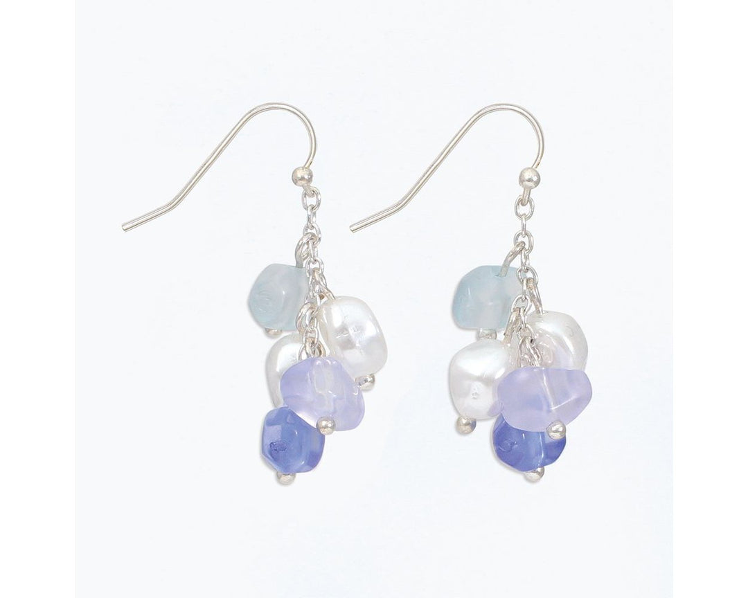 Blue Sea glass and Pearl Cluster Earrings