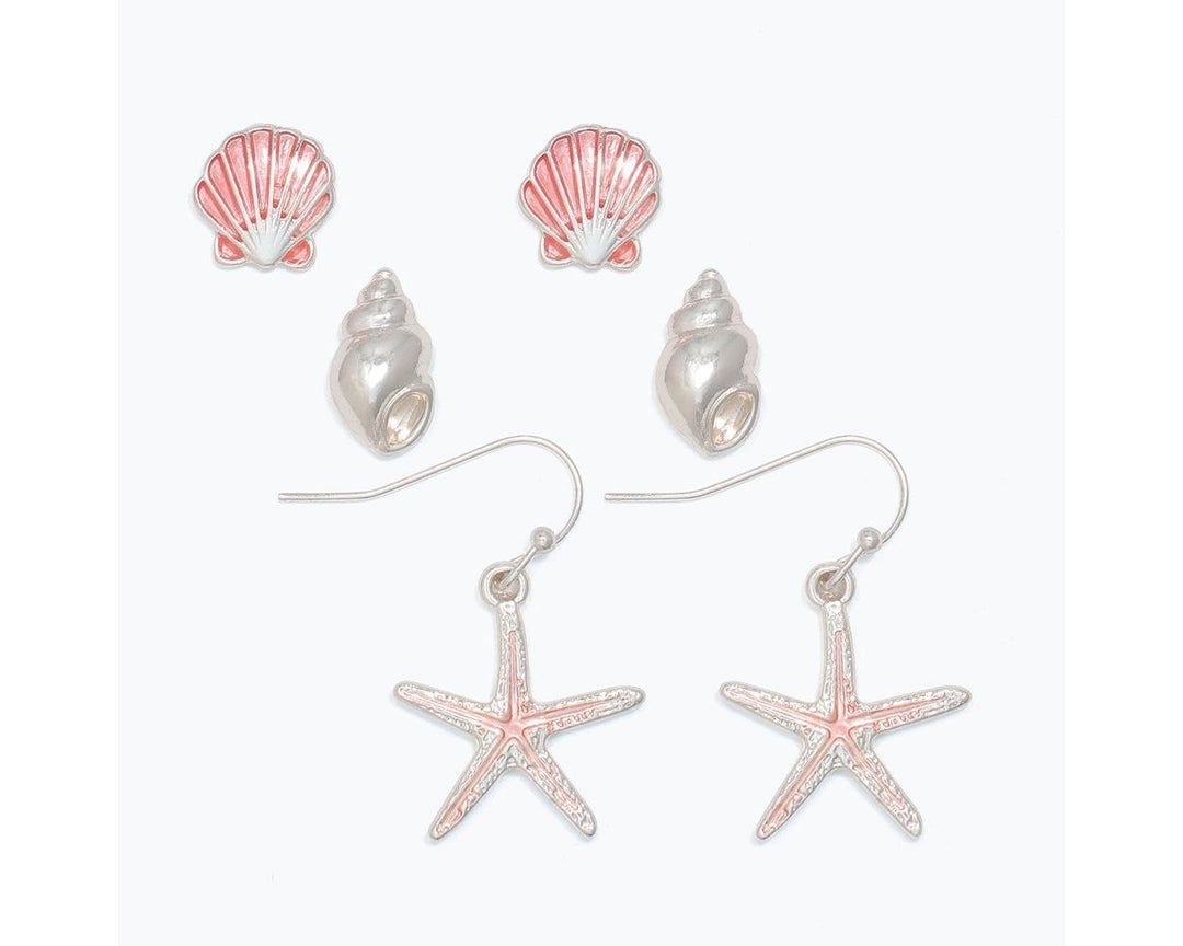 Set of 3 Light Pink Enamel Sea Life In Silver Earrings