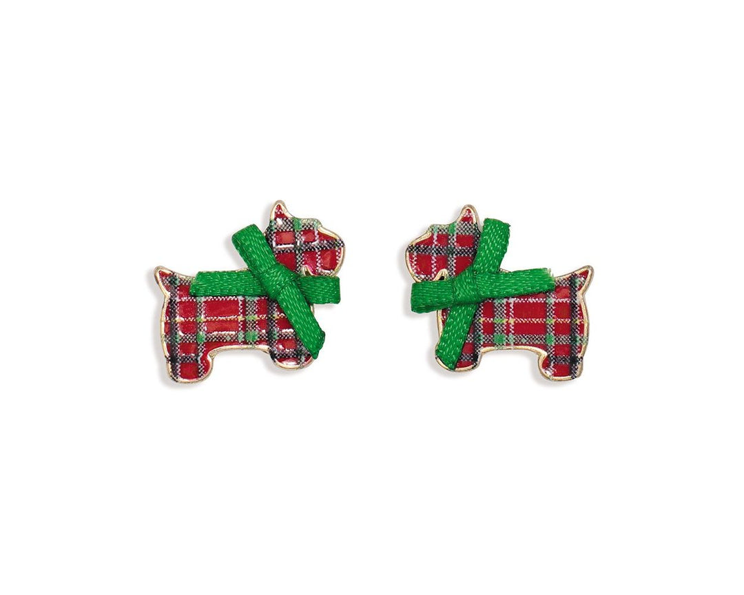 Plaid Dog with Green Bow Earrings