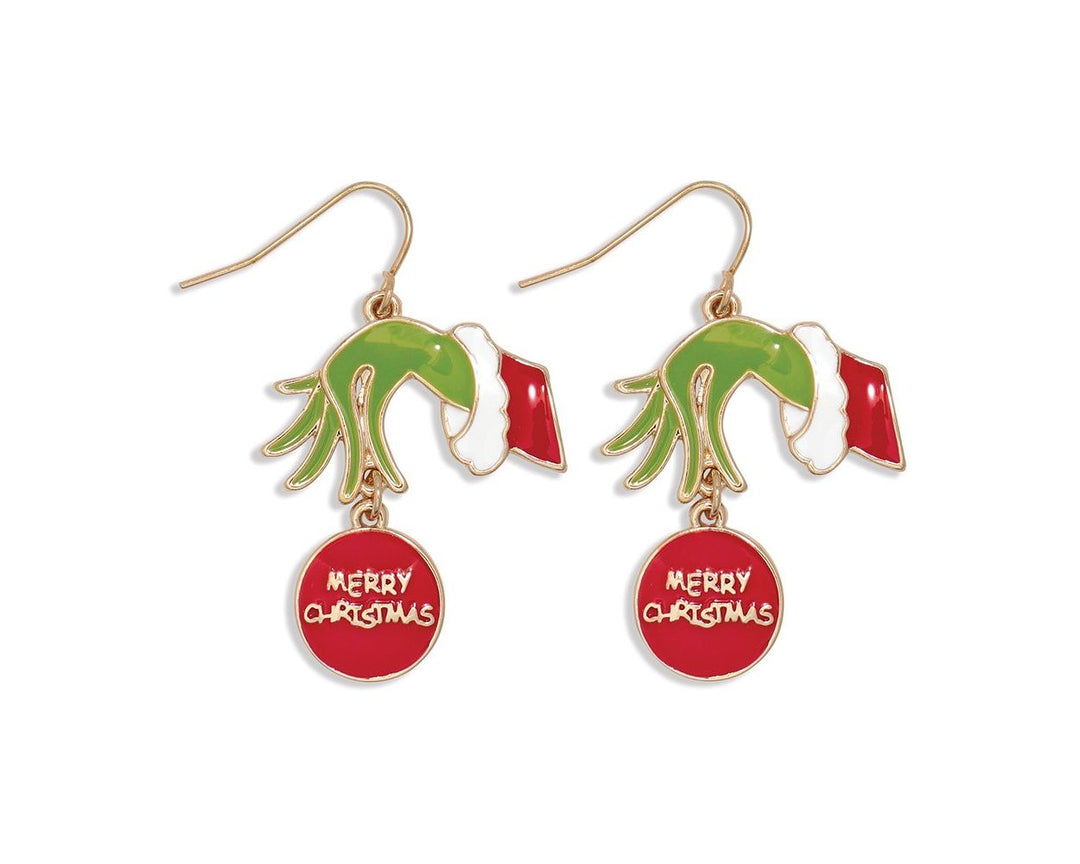 Grinch Green Hand with Ornament Earrings