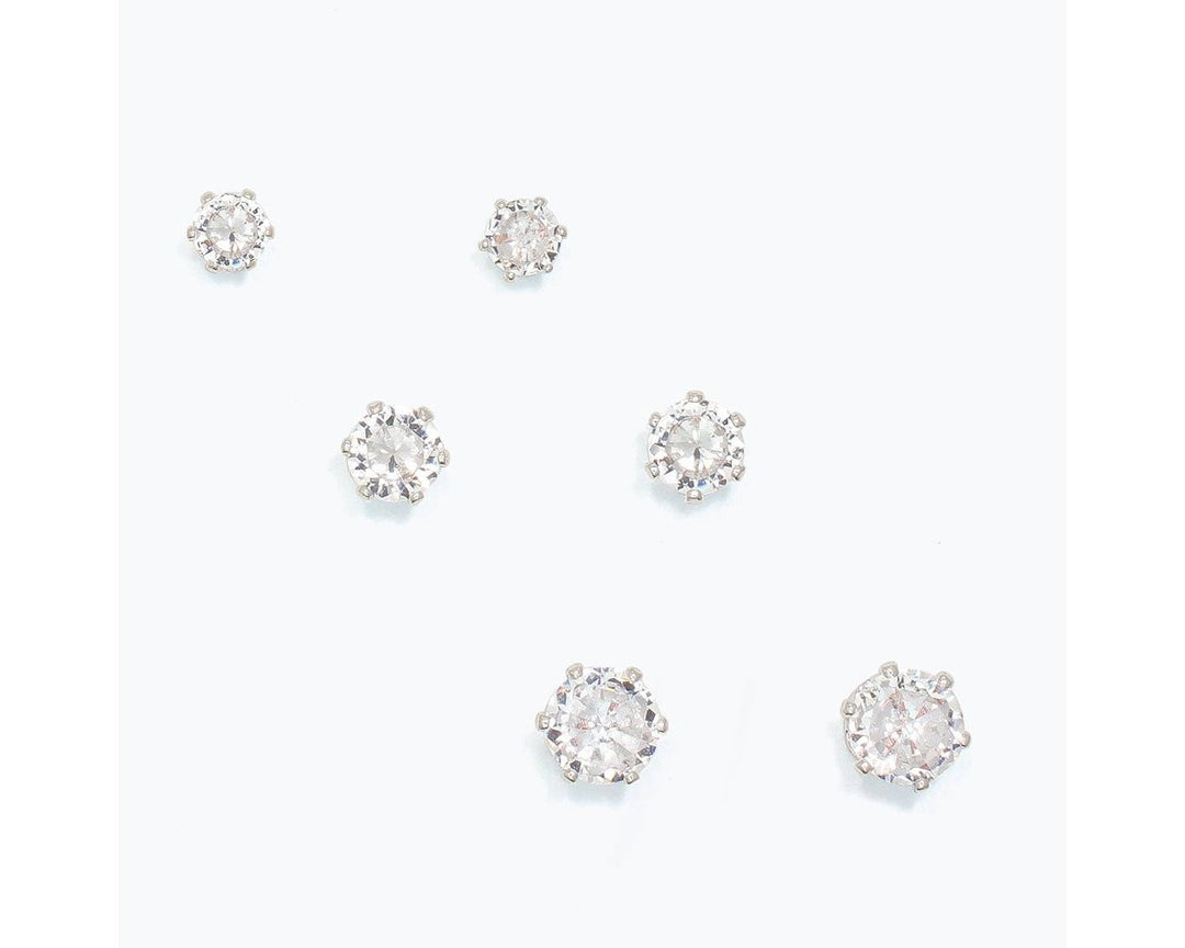 Set of 3 Silver CZs Stud Earrings