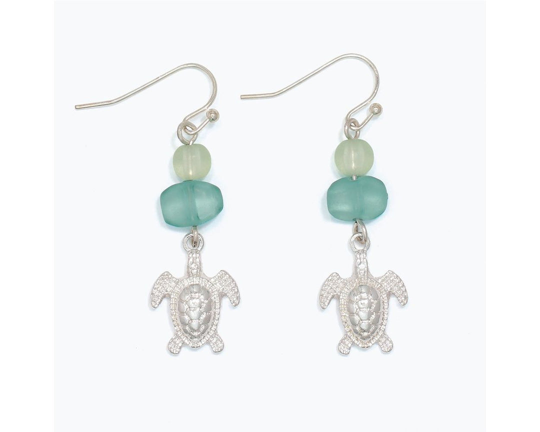 Silver Turtles with Green Sea Glass Earrings