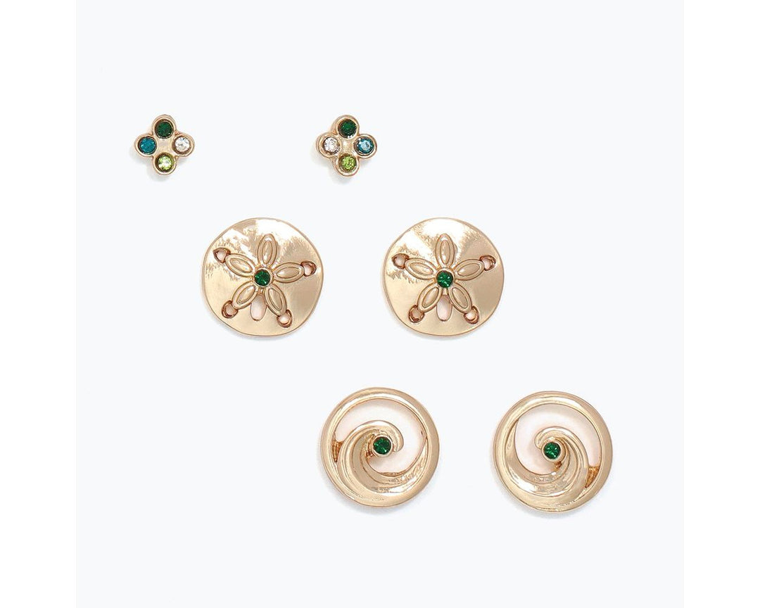 Set of 3 Elegant Sea Life with Green Crystal Earrings