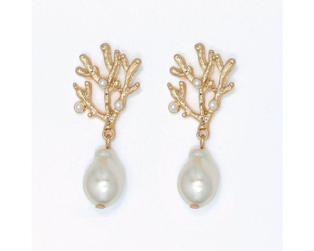 Gold Coral Pearl Drop Earrings