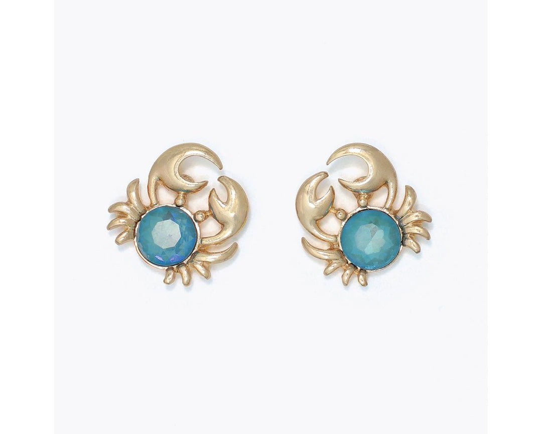 Gold Crab Aqua Crystal Earrings