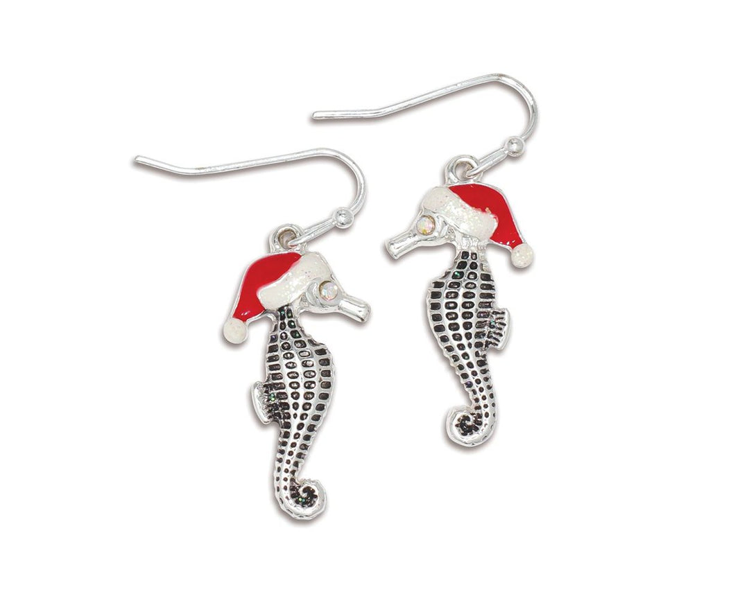 Silver Sea Horse with Santa Hat Earrings