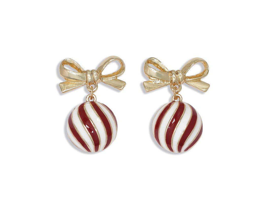 Gold Bows with Red and White Swirl Earrings