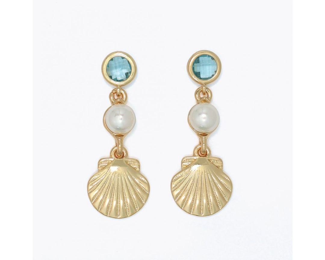 Gold Scallop with Pearl Aqua Earrings