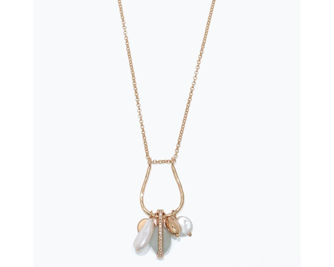 Hammered Gold Pedant with Pearl Charms and Sparkling Mint Bead Drop Necklace