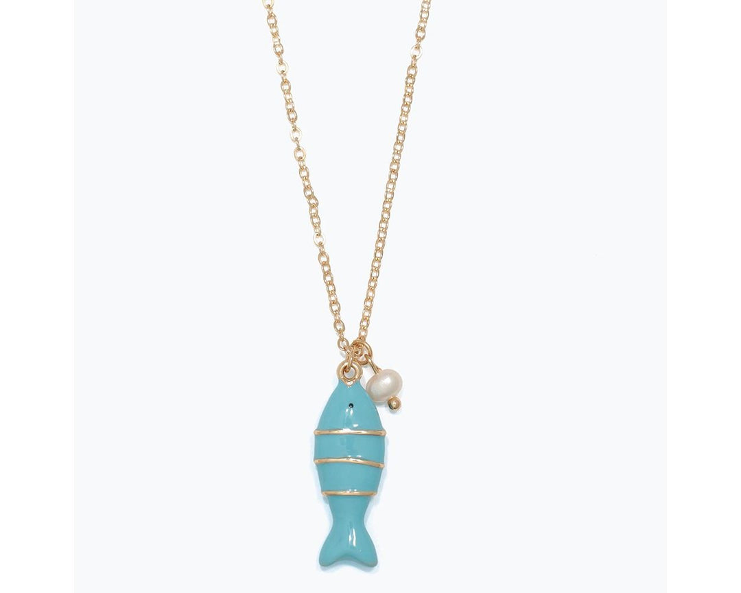 Light Blue Enamel Fish with Pearl Necklace
