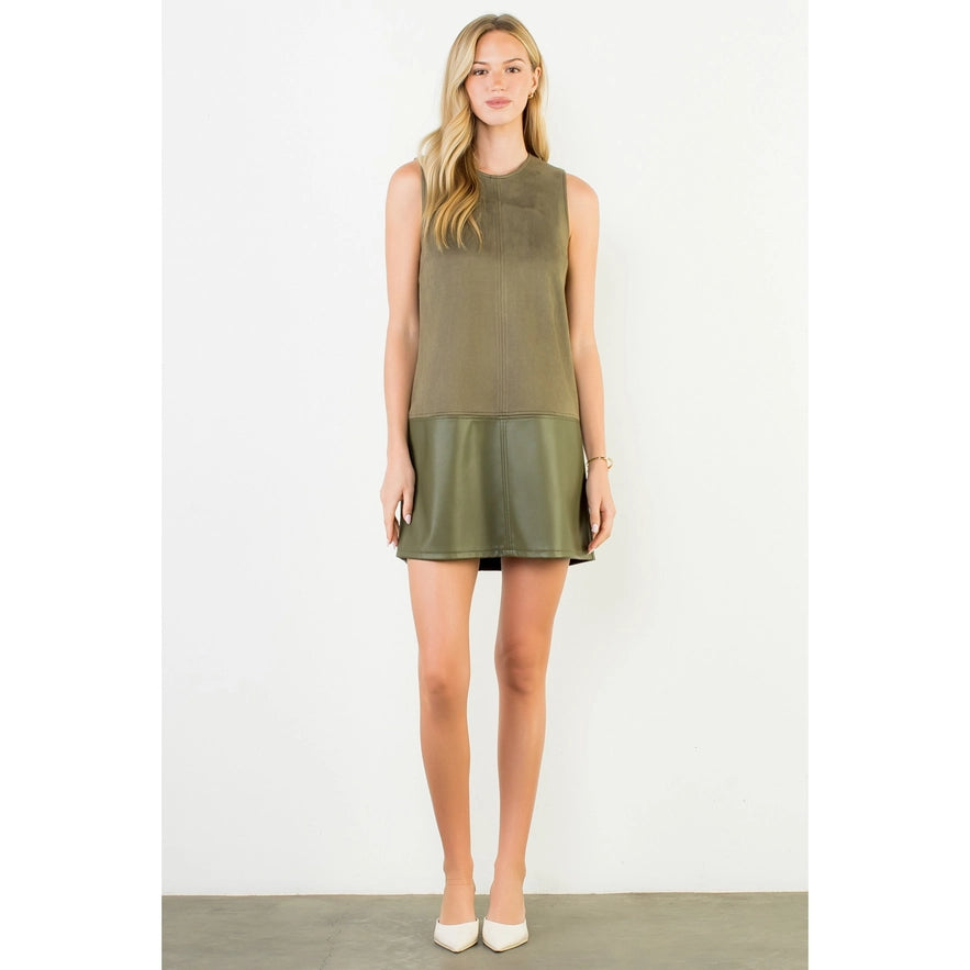 Sleeveless Mixed Media Dress - Olive