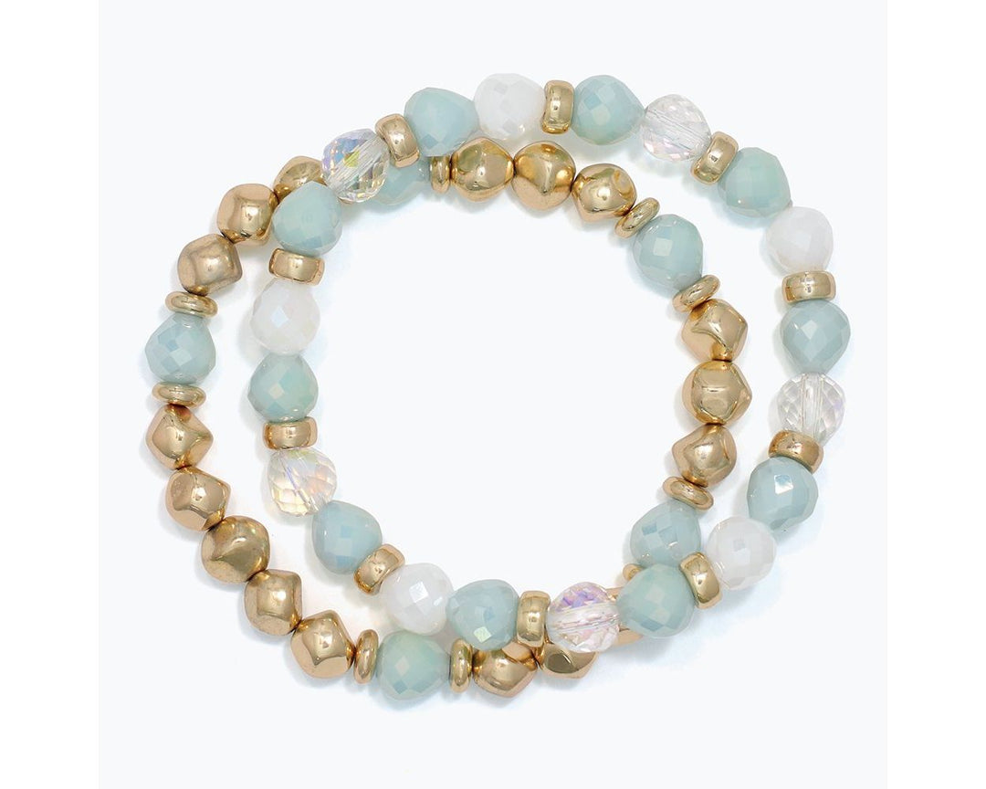 Set of 2 Gold Faceted Mint Crystal Bead Bracelet