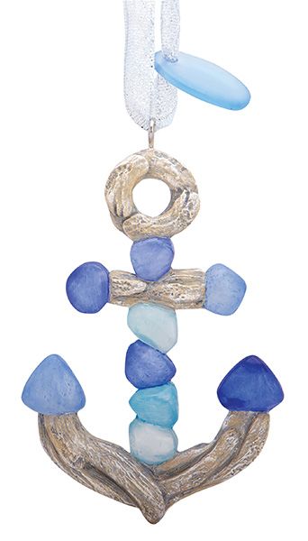 Resin Ornament Driftwood & Sea Glass Anchor - Surf City, NC