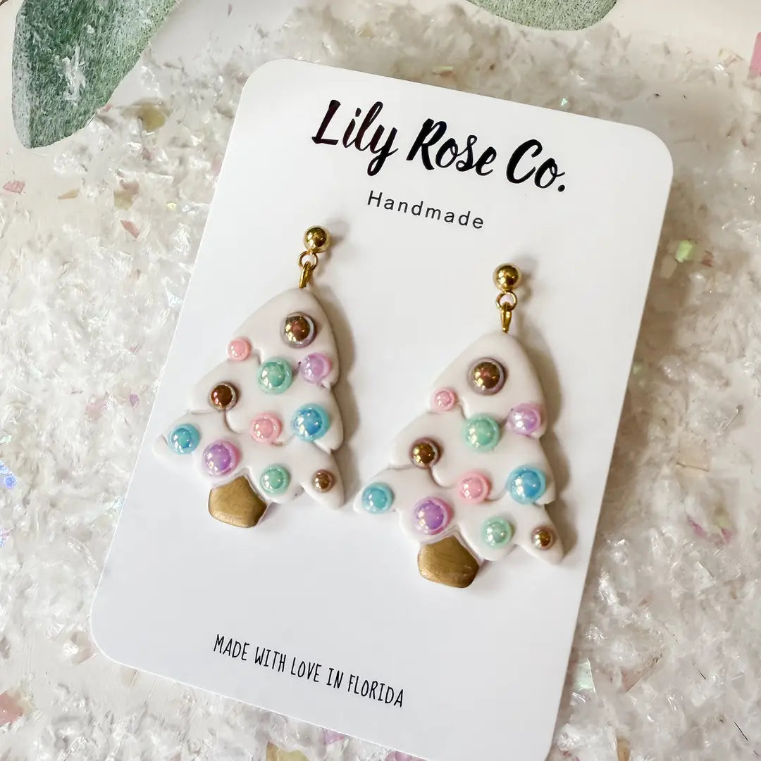 Whimsical Tree Clay Earrings in White