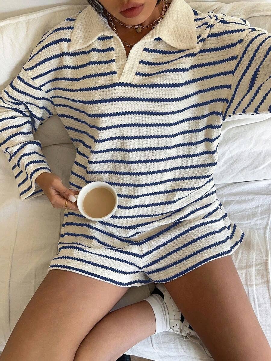 Striped Polo Lounge Set Resort Textured Collared Oversized in Apricot