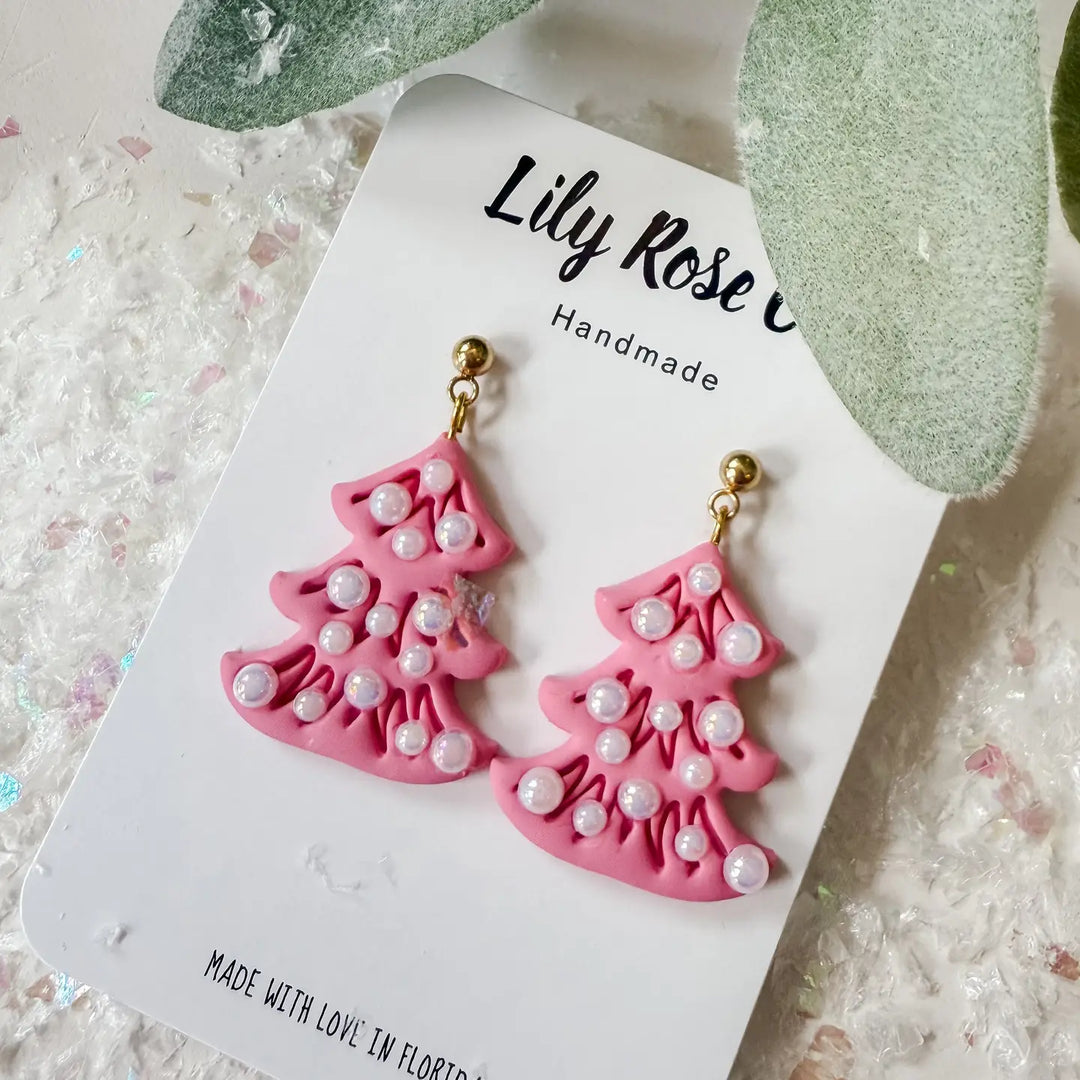 Whimsical Tree Clay Earrings in Pink