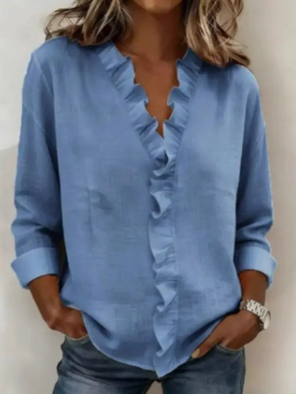 Ruffle Trim V Neck Long Sleeve Button Blouse in Blue