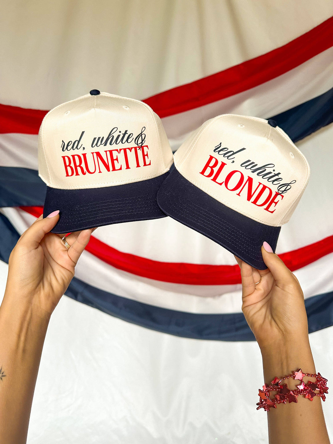Red, White, & Brunette Cream/Navy Canvas Trucker