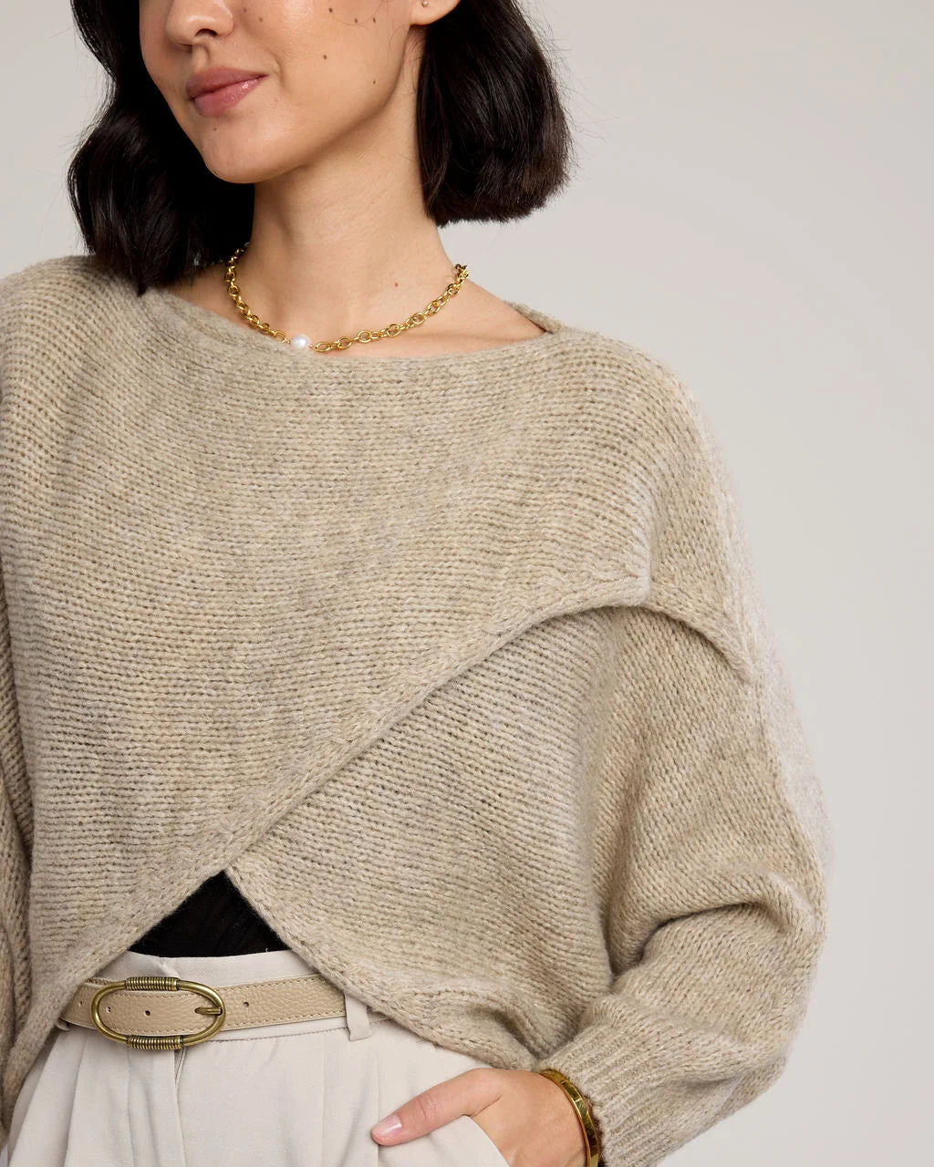 Alessandra Knit Criss Cross Wrap in Beige
