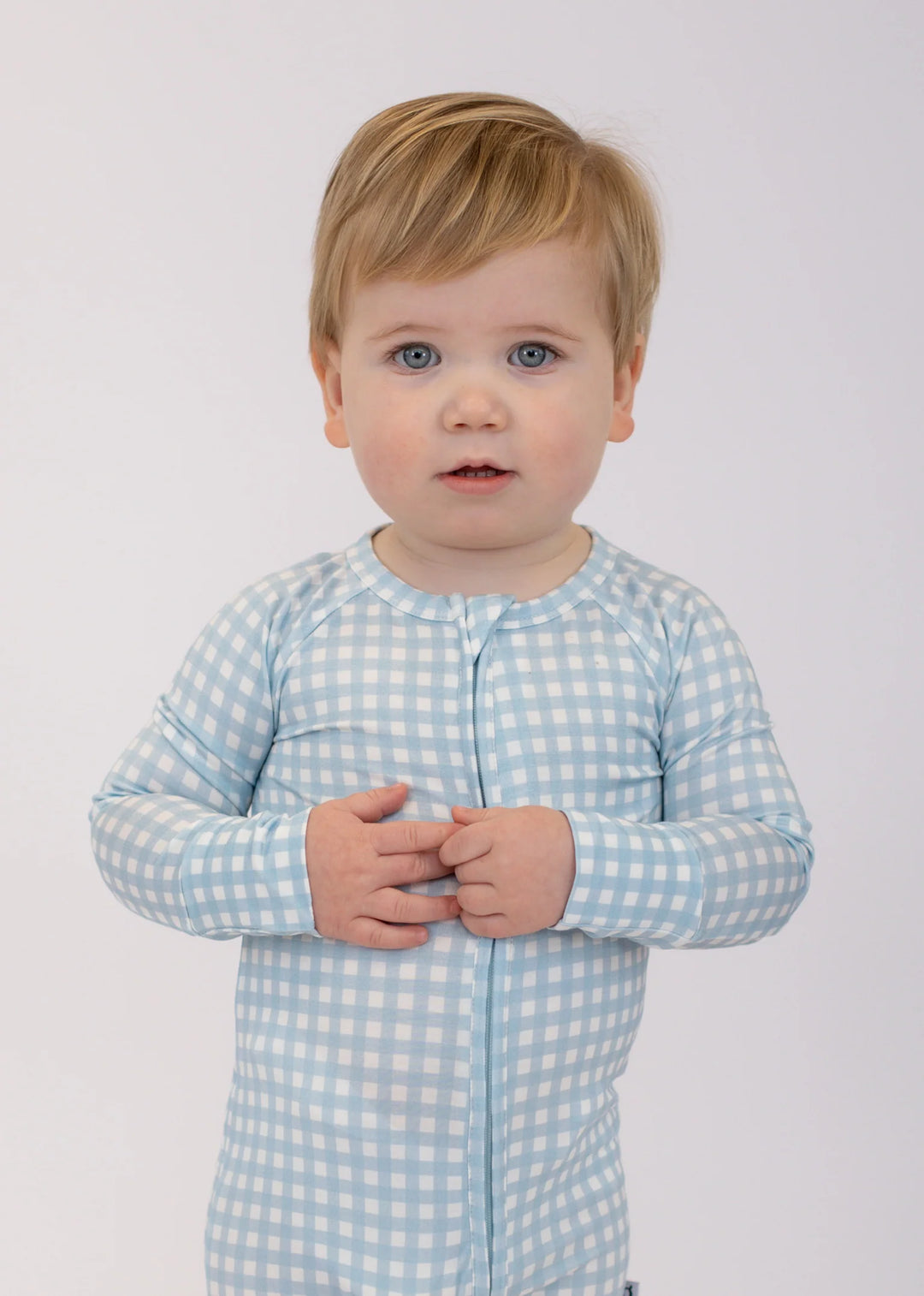 Long Sleeve Zip Pajamas in Cottage Blue Gingham