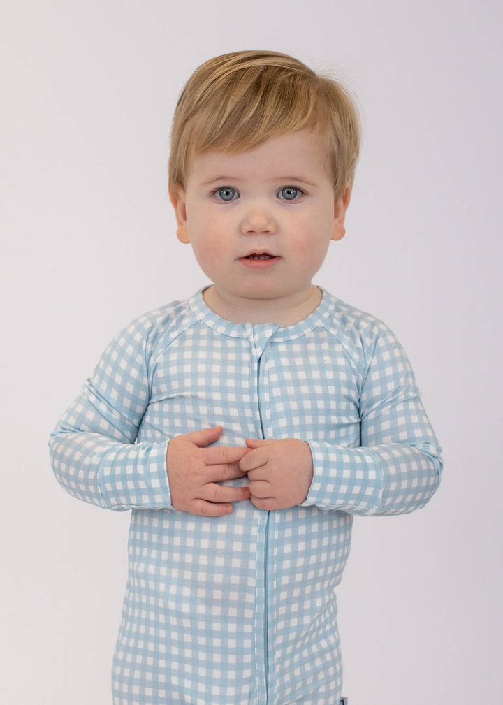Long Sleeve Zip Pajamas in Cottage Blue Gingham