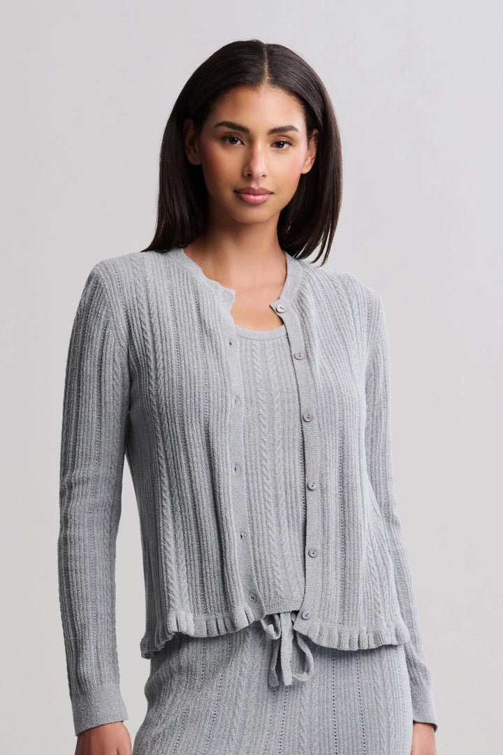 Cozy Chic Ultra Lite Cable Knit Cardigan with Ruffle - Moonbeam