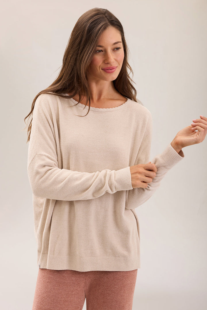 Scallop Slouchy Pullover in Stone
