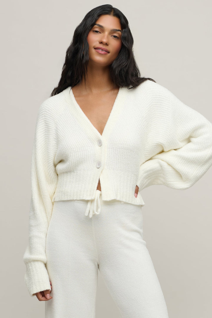 Cozy Chic Lite Cotton Ribbed Button Front Cardigan in Pearl