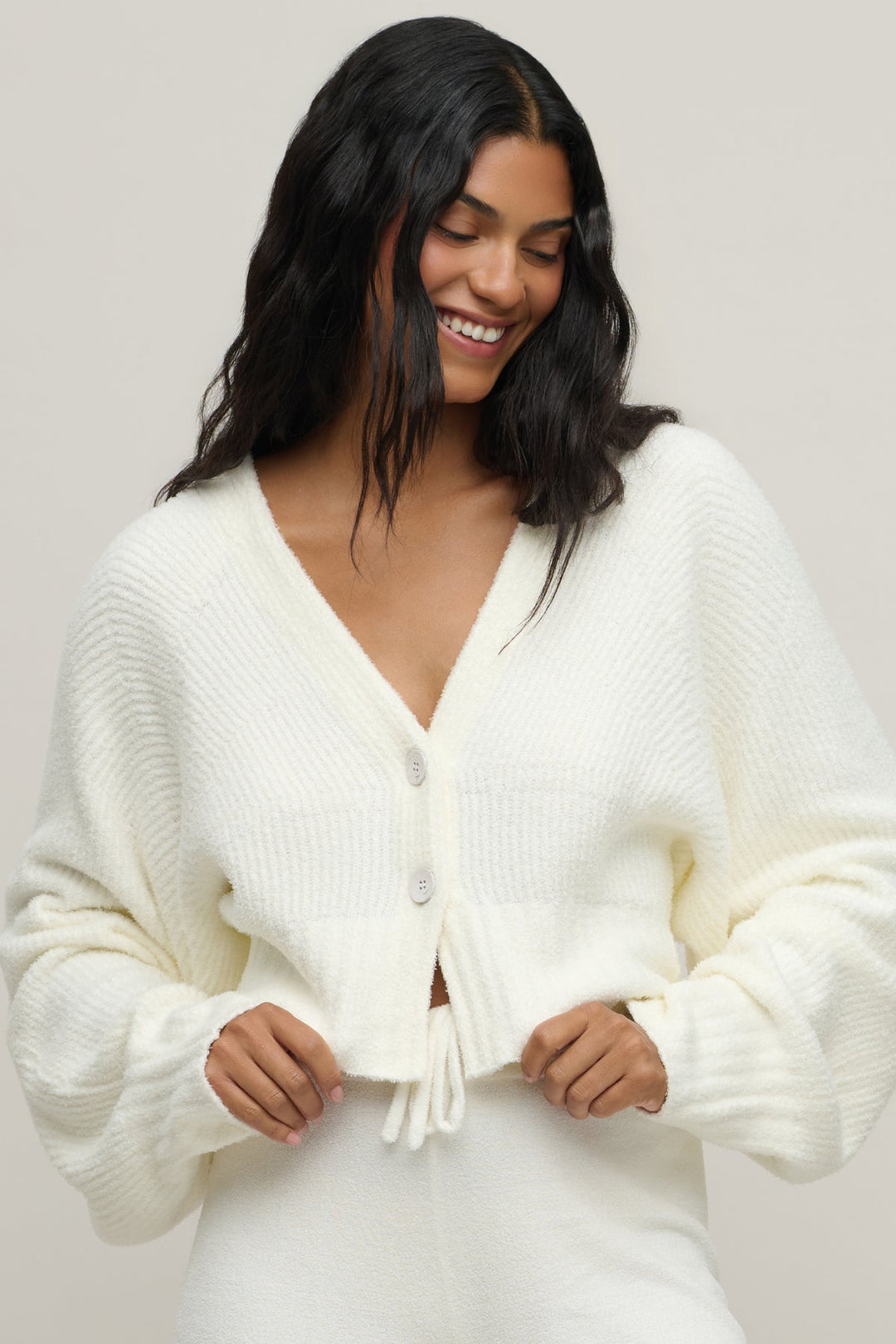 Cozy Chic Lite Cotton Ribbed Button Front Cardigan in Pearl