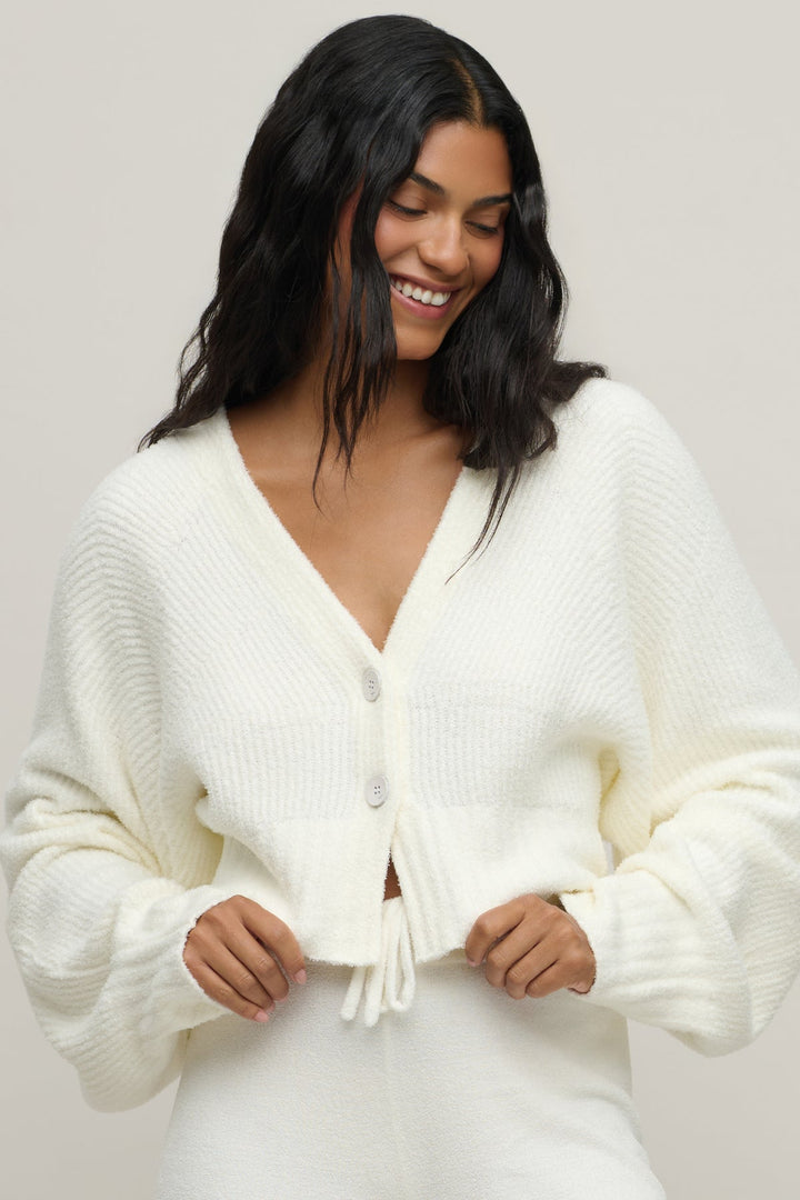 Cozy Chic Lite Cotton Ribbed Button Front Cardigan in Pearl
