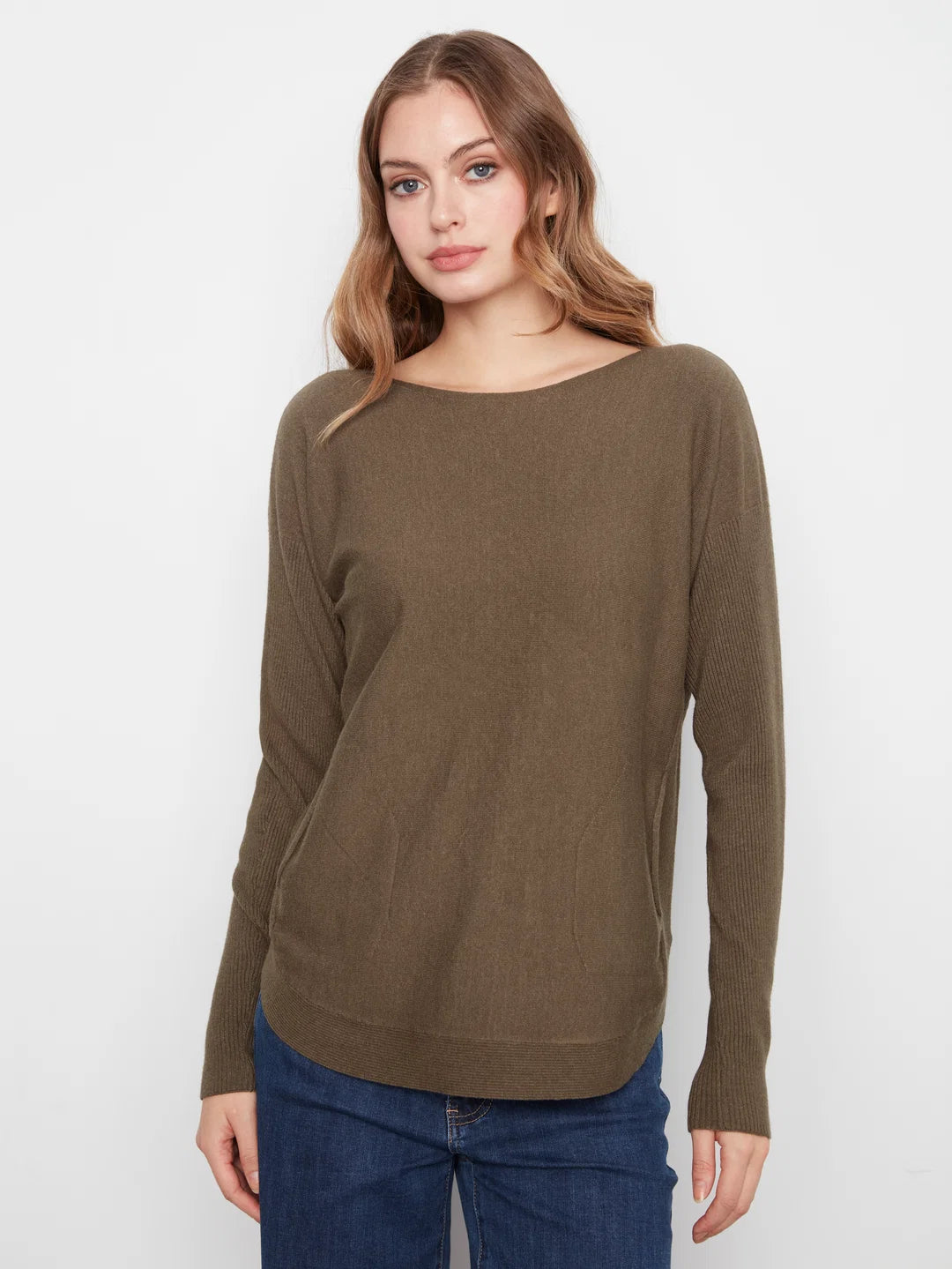 Long Sleeve Boat Neck Sweater with Pockets and Eyelet Details in Moss