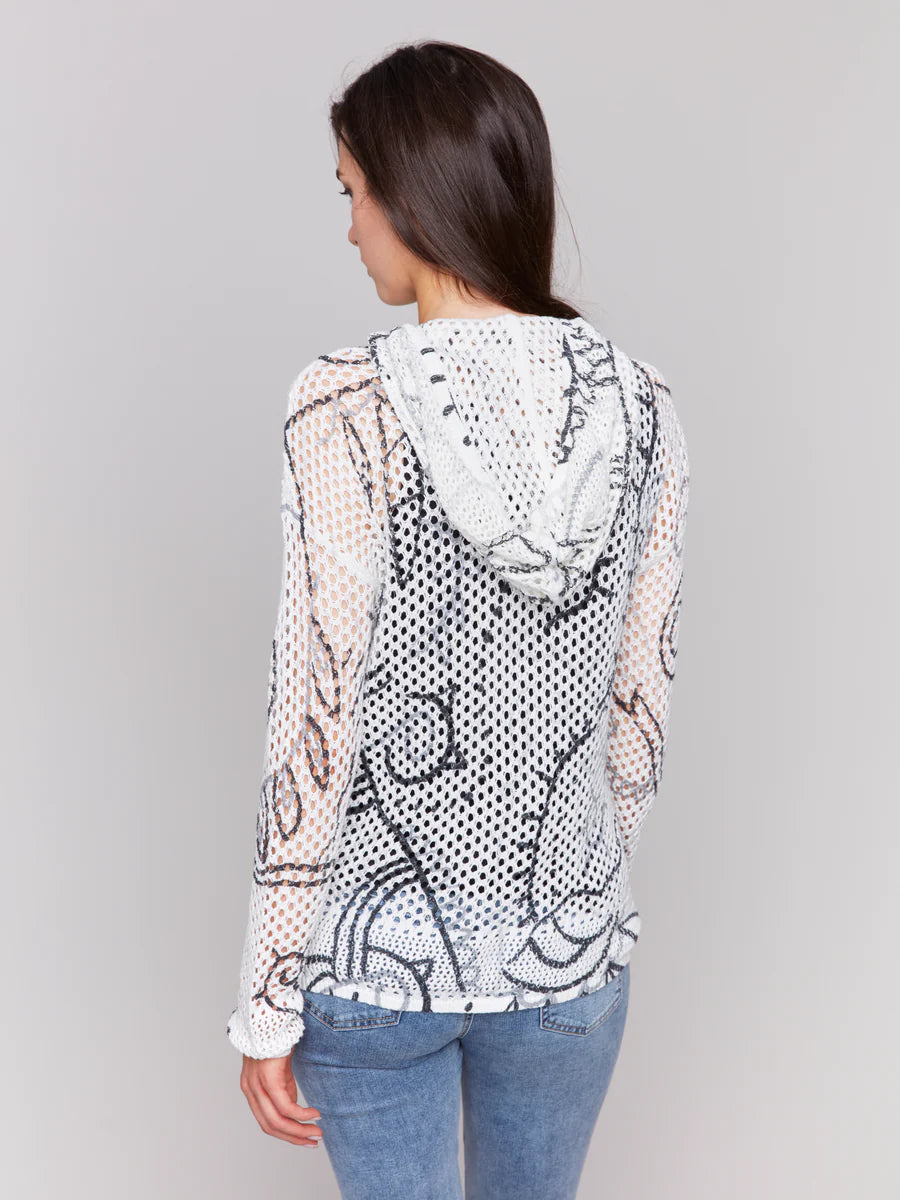 Printed Crochet Hoodie Sweater in Pepper