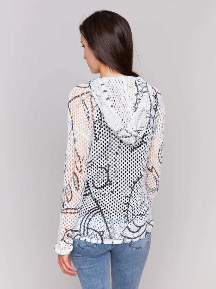 Printed Crochet Hoodie Sweater in Pepper