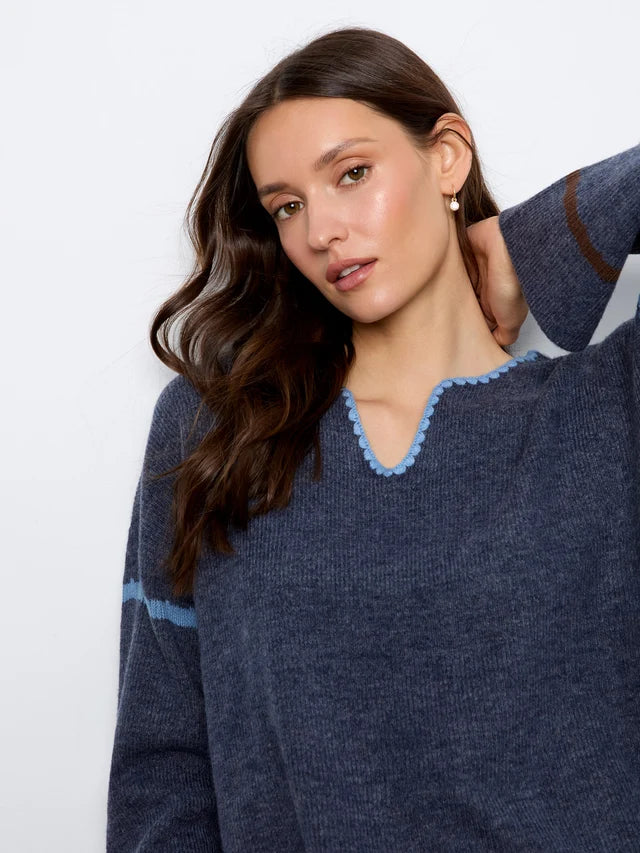 Embroidered Ribbed Sweater with Notch Neck