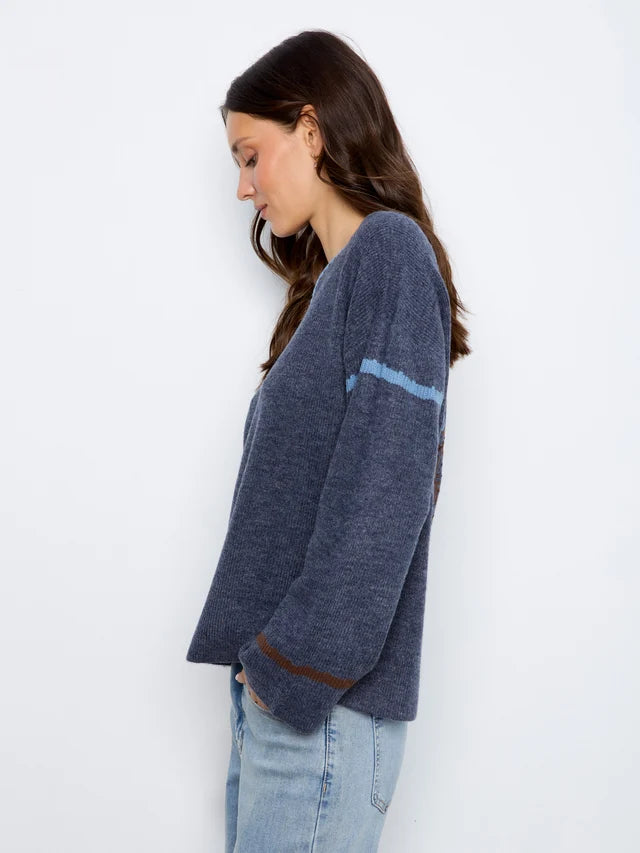 Embroidered Ribbed Sweater with Notch Neck
