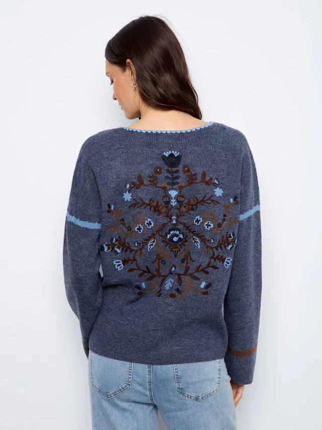 Embroidered Ribbed Sweater with Notch Neck