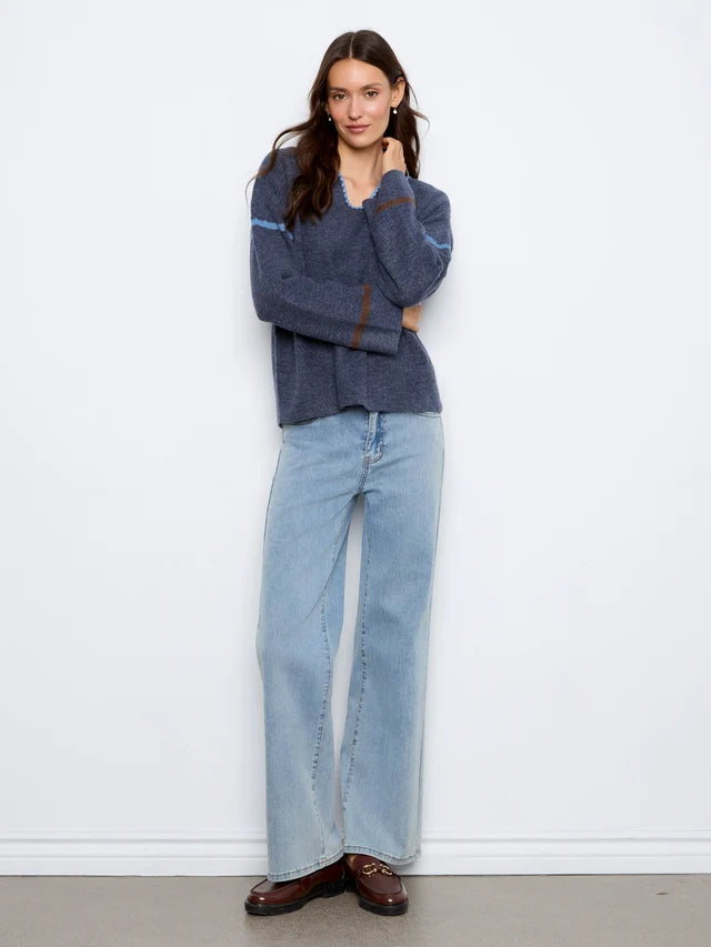 Embroidered Ribbed Sweater with Notch Neck