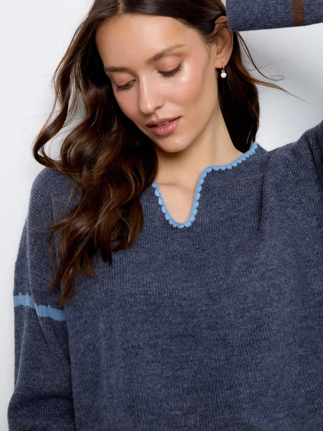 Embroidered Ribbed Sweater with Notch Neck