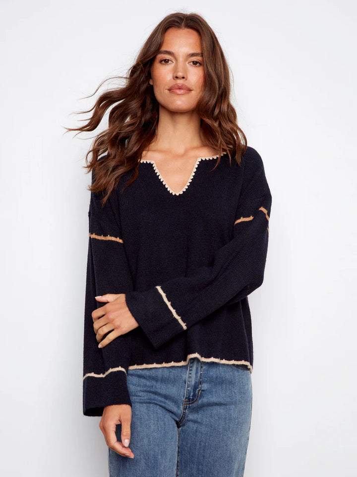 Embroidered Ribbed Sweater With Notch Neck - Navy