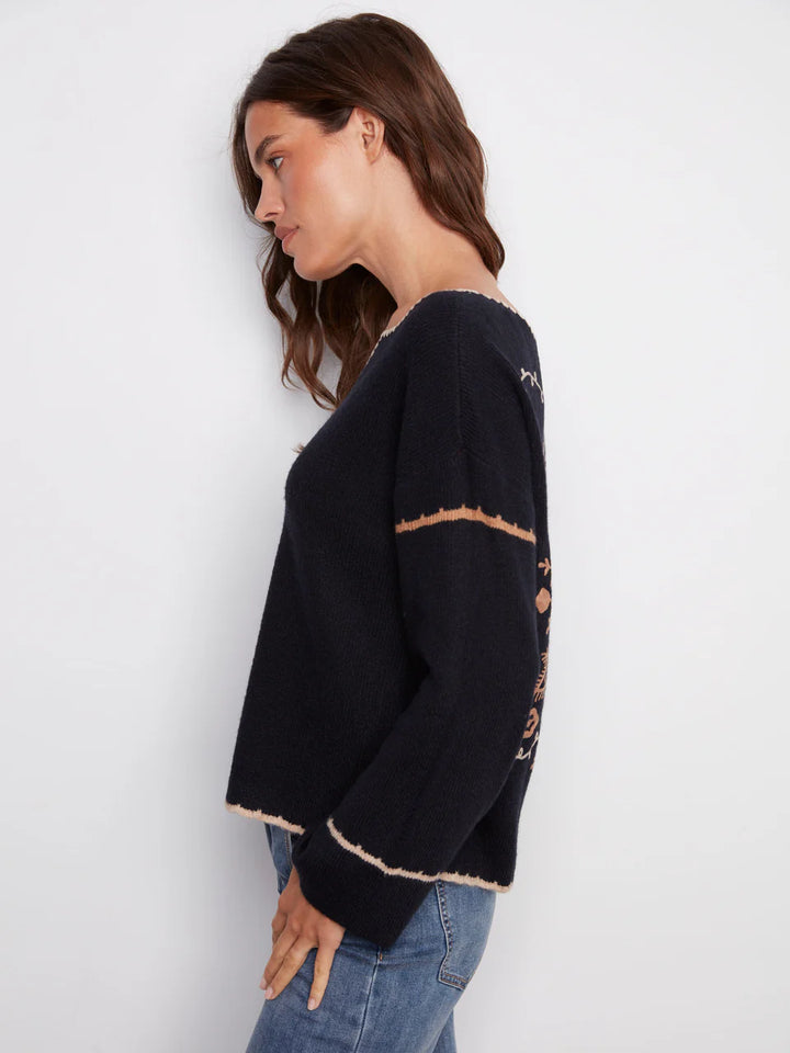 Embroidered Ribbed Sweater With Notch Neck - Navy