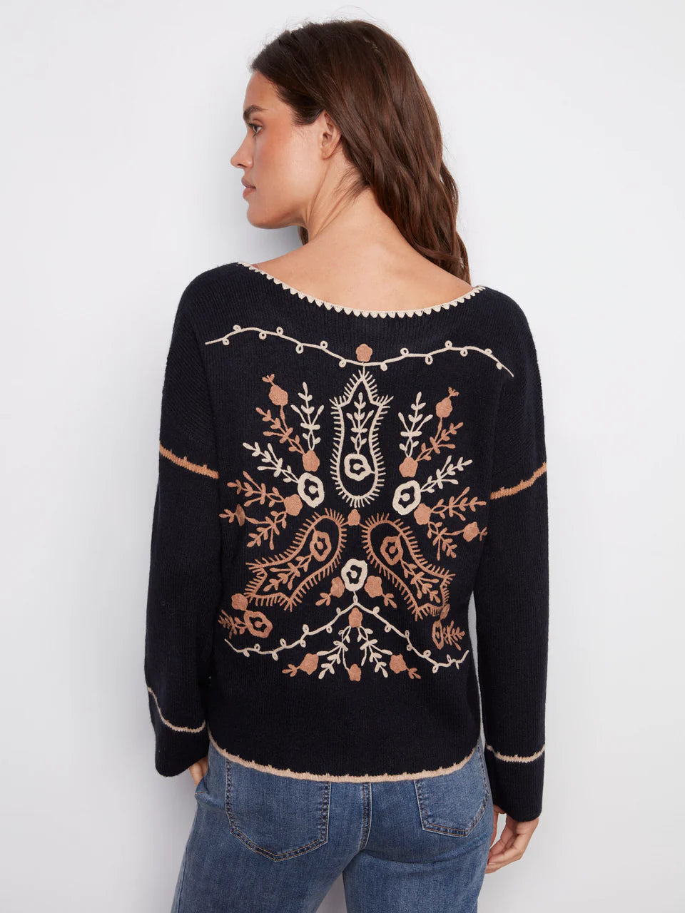 Embroidered Ribbed Sweater With Notch Neck - Navy