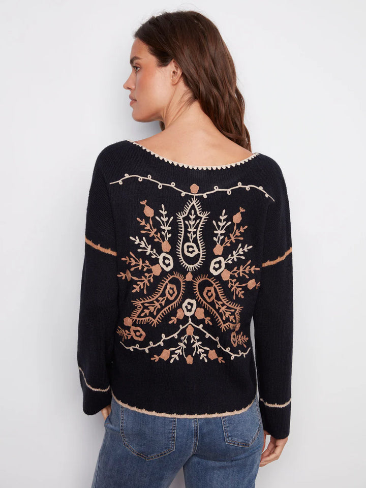 Embroidered Ribbed Sweater With Notch Neck - Navy