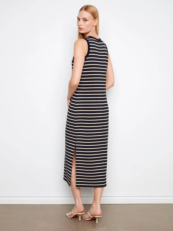 Sleeveless Striped Scuba Dress in Black