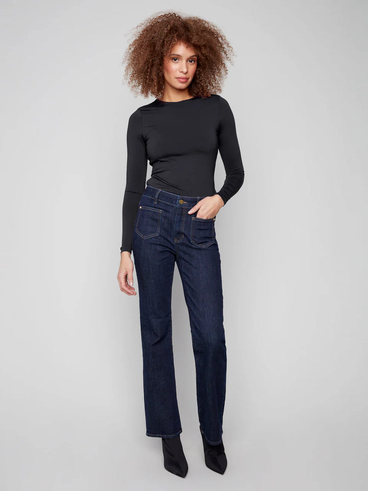 Patch Pocket Flare Jeans With Rivets - Deep Blue