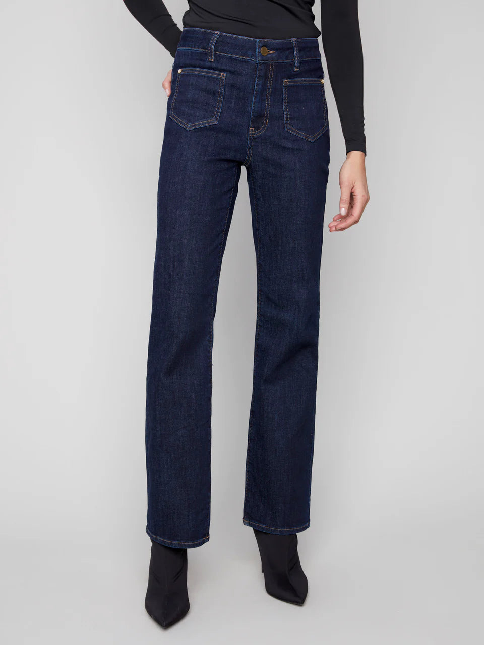 Patch Pocket Flare Jeans With Rivets - Deep Blue