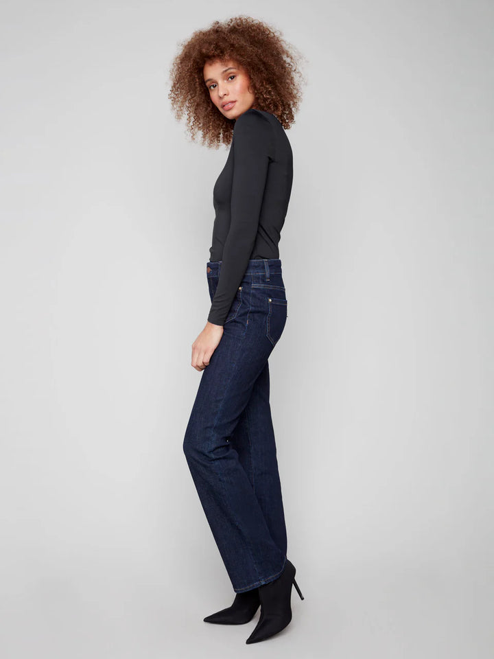 Patch Pocket Flare Jeans With Rivets - Deep Blue