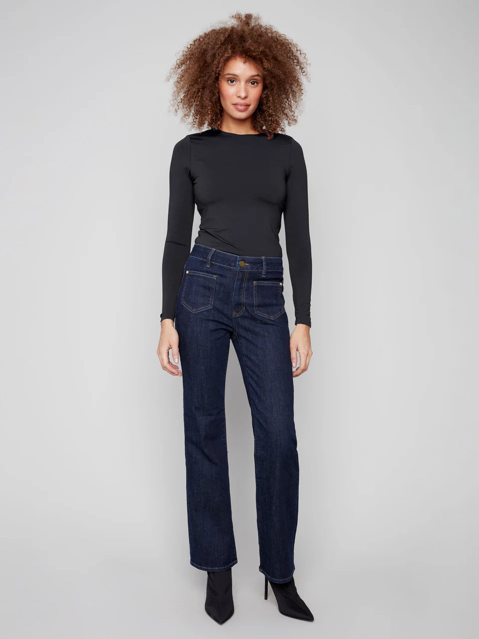 Patch Pocket Flare Jeans With Rivets - Deep Blue