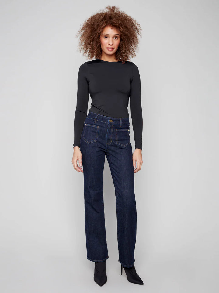 Patch Pocket Flare Jeans With Rivets - Deep Blue
