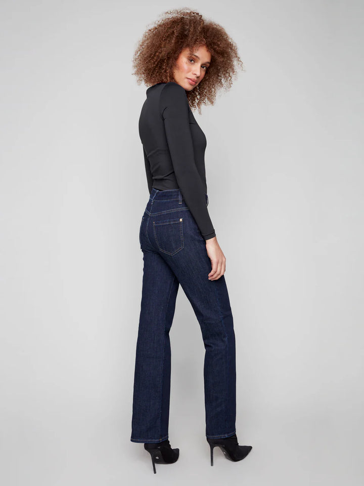 Patch Pocket Flare Jeans With Rivets - Deep Blue